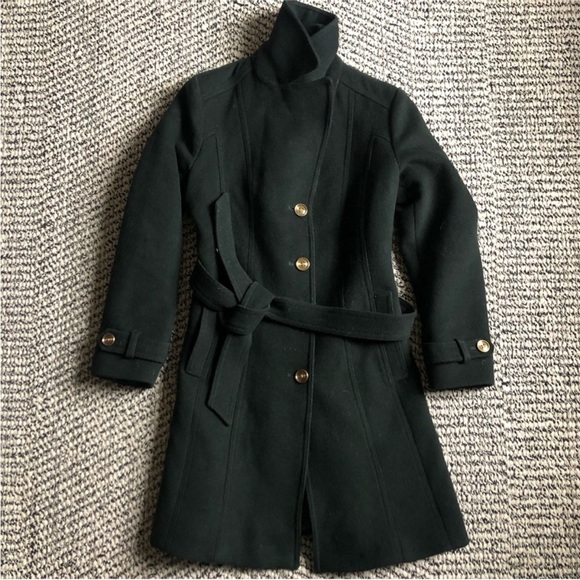 Michael Kors Wool Coat Tie-Waist, Dark Green, Gold Accents large.  Warm, elegant - Picture 2 of 6